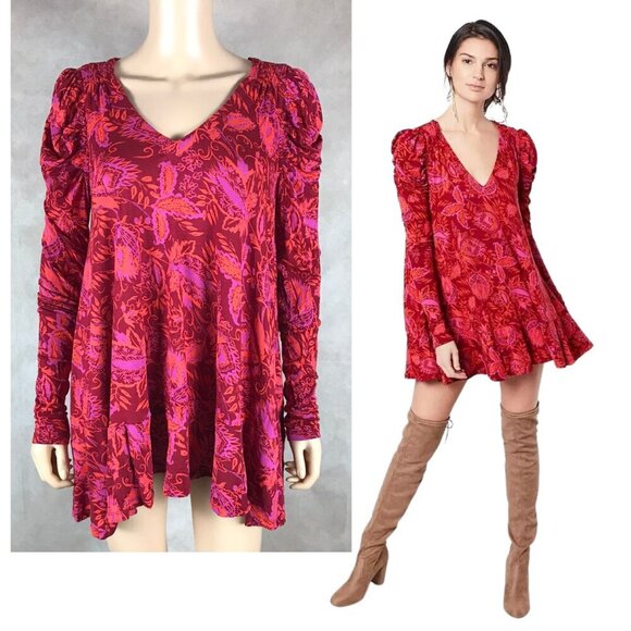 Free People Dresses & Skirts - FREE PEOPLE Hello Lover Floral Puffed Sleeve Tunic or Mini Dress NEW XS
